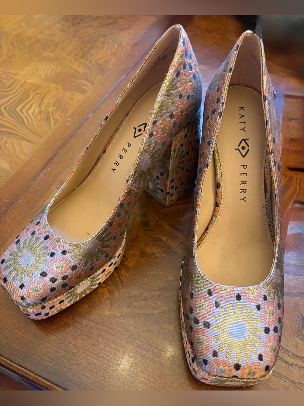 Katy Perry Collections Pink Gold Floral Platform Block Heels - Picture 10 of 14